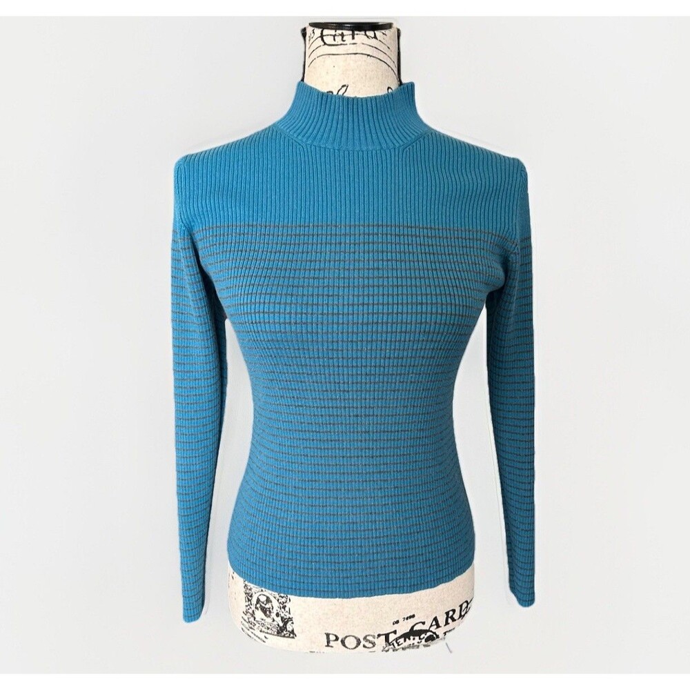 VTG 90s Mock Neck Blue Ribbed Striped Fitted Sweater Size S